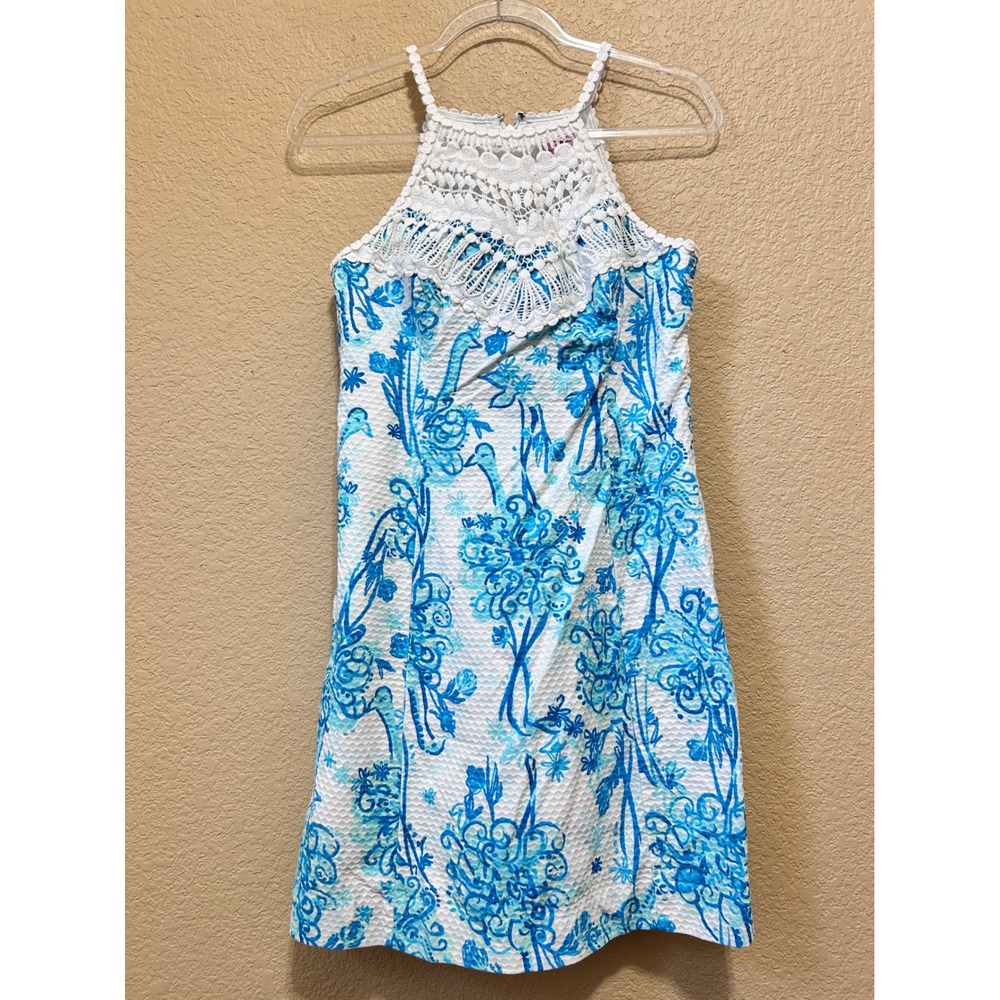 Lilly Pulitzer 6 Halter Shift Dress Blue White Floral Seersucker Crochet Lace